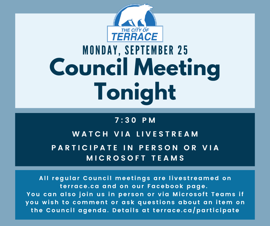 Monday, September 25: Council Meeting Tonight. No visuals except City of Terrace bear logo. All details are included in the text below on this page.