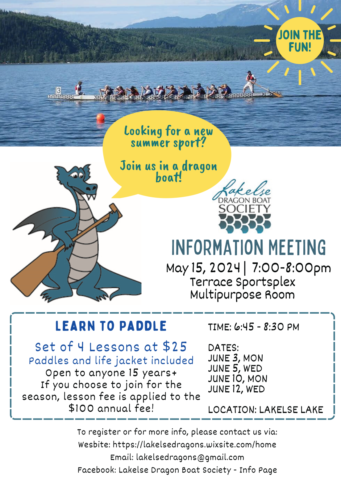 poster showing a photo of a dragon boat on Lakelse Lake, as well as a whimsical dragon graphic alongside the poster text