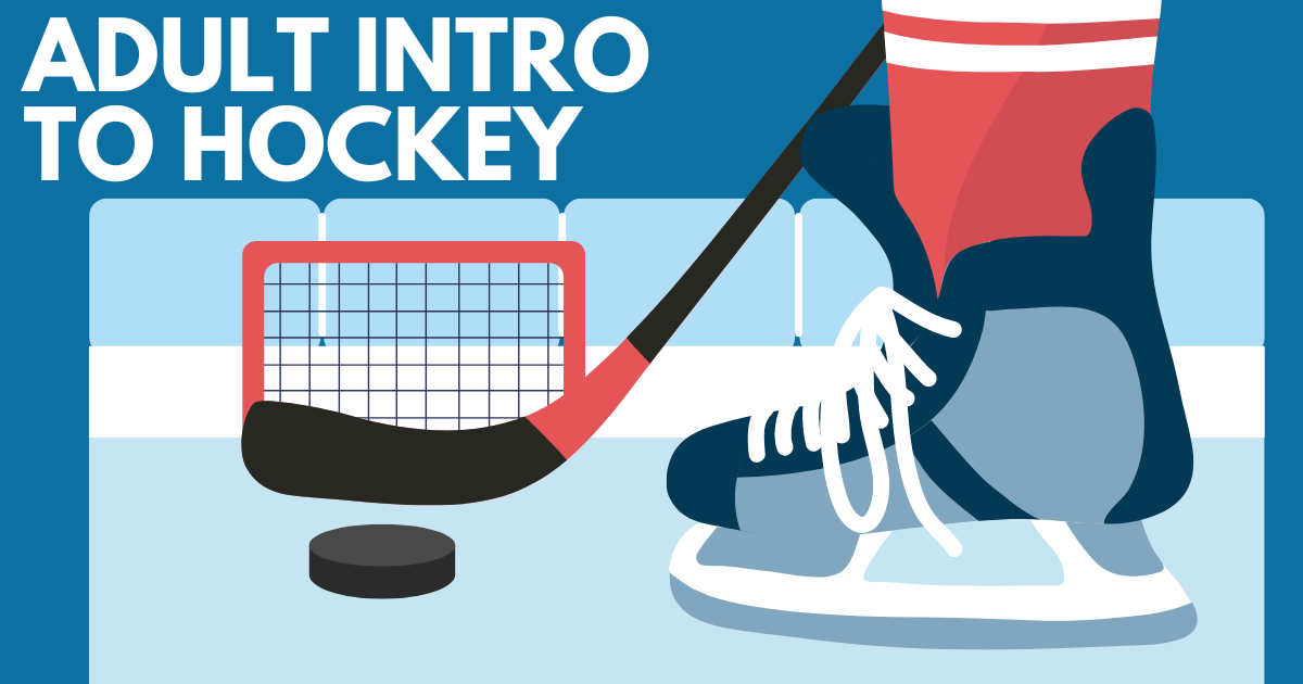 hockey player's lower leg with a stick and puck visible, and a net in the background