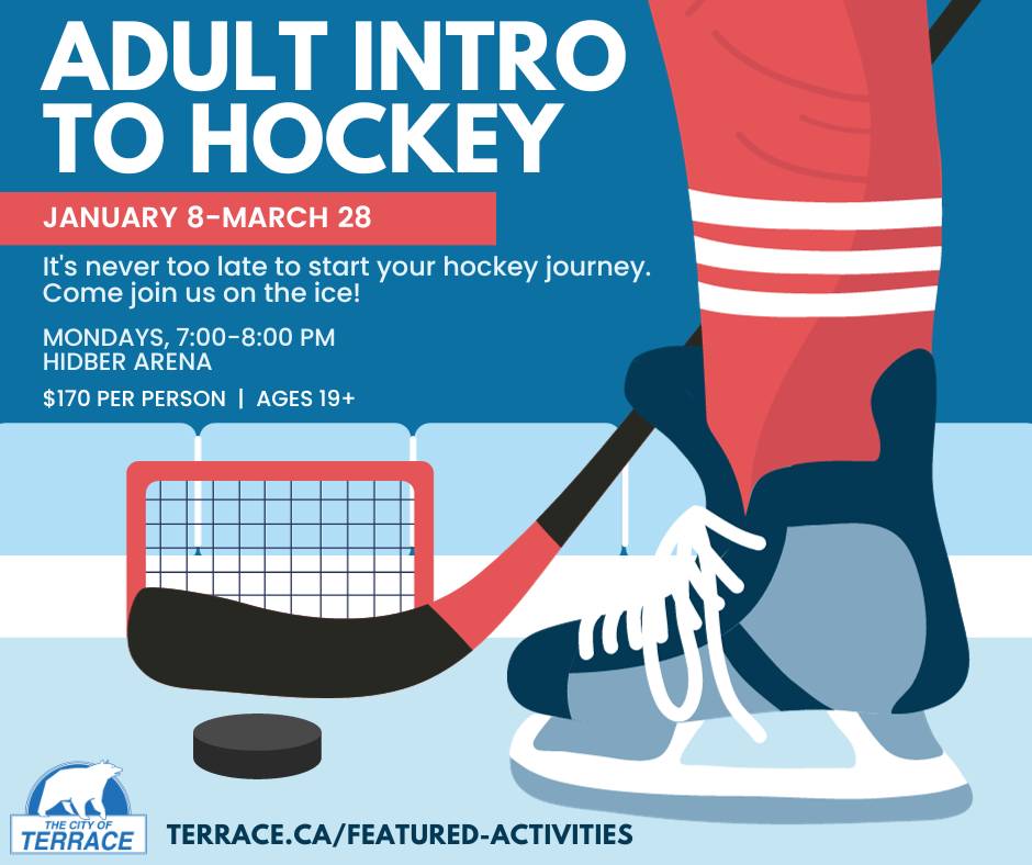 hockey player's lower leg with a stick and puck visible, and a net in the background