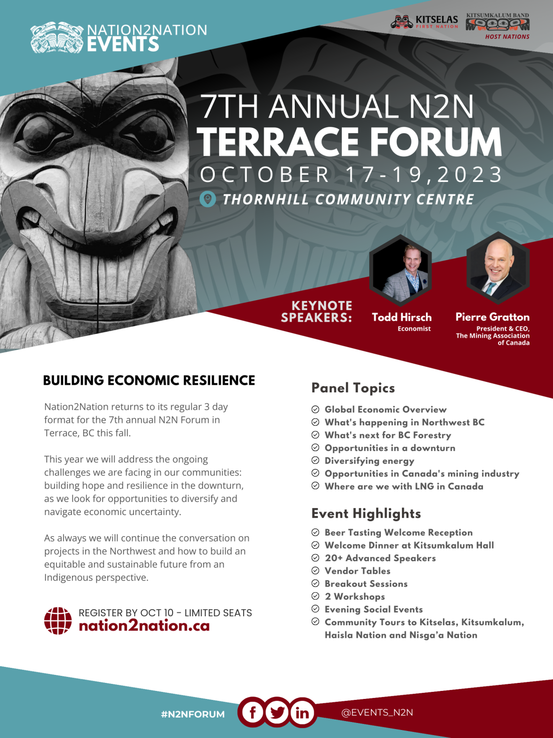 First Nations carving on a poster with event highlights for the 7th annual N2N Terrace Forum