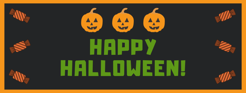 A black background with green "Happy Halloween!" with three orange pumpkins and pieces of candy decorating the page