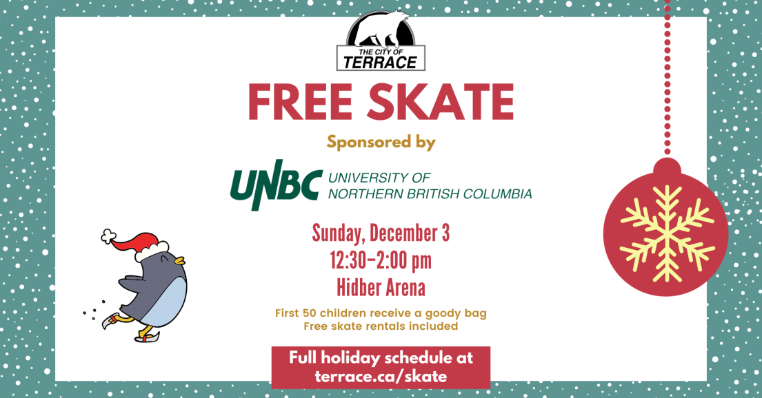 UNBC free skate details, with a skating penguin and holiday bauble graphics