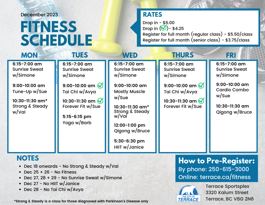 a visual of the fitness schedule, also written as text below this