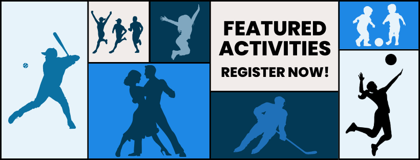 banner with silhouettes of people playing sports, dancing, and playing