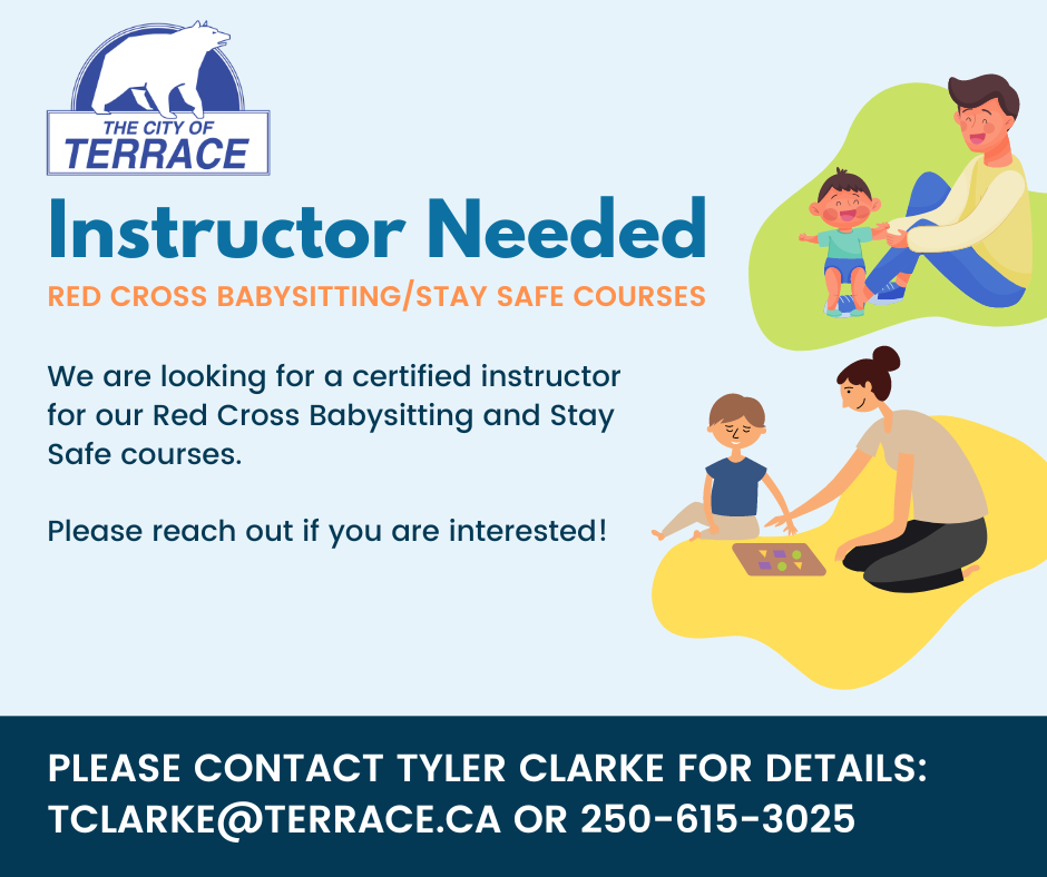 poster with photos of adults interacting with kids, with the headline, "instructor needed; Red Cross Babysitting/Stay Safe Courses"