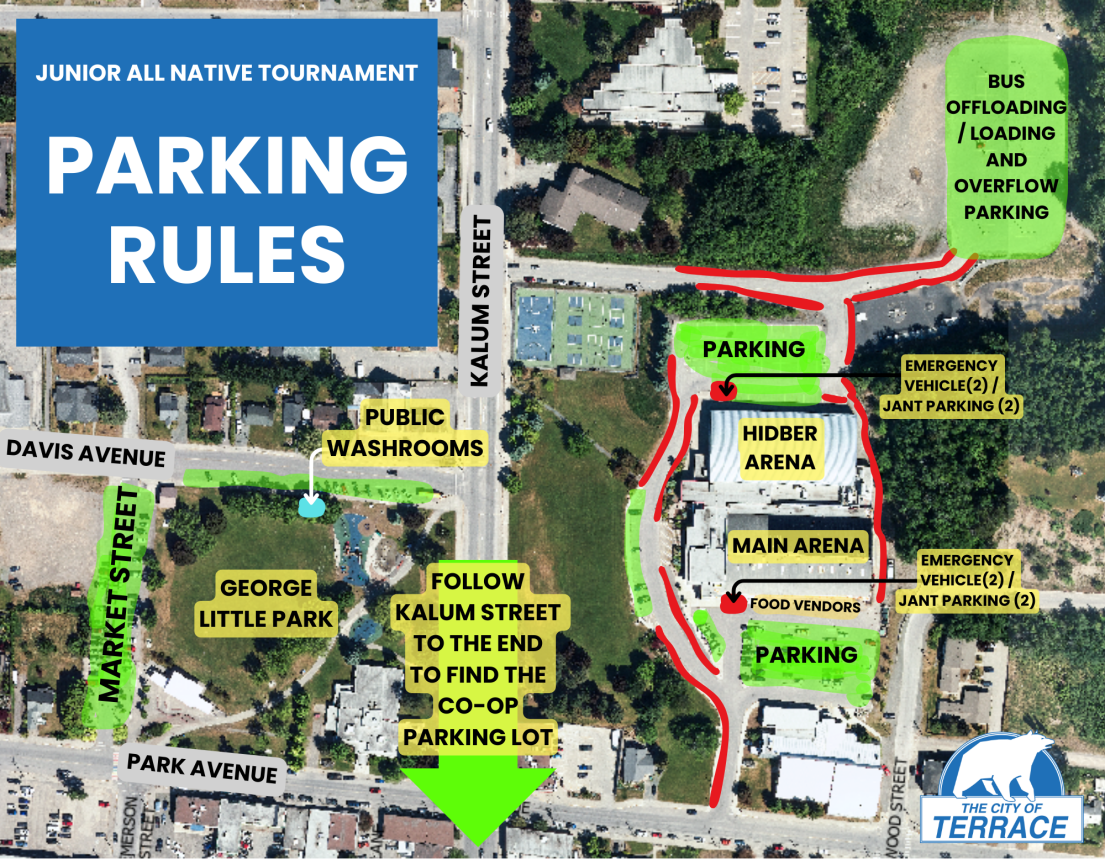 a map showing where to park during the Junior All Native Tournament