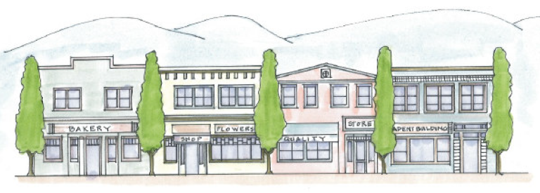 artist sketch of the potential future look and feel for downtown infrastructure, with airy and open sidewalk and two-storey buildings drawing the eye up to the mountains