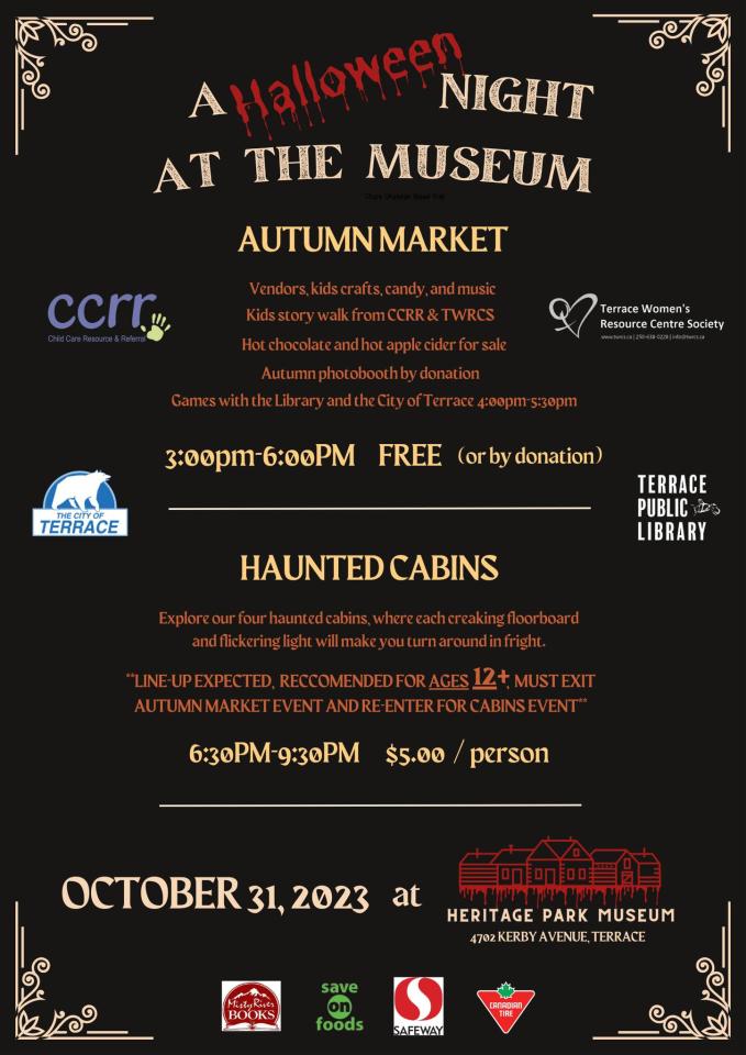 a poster listing activities at Heritage Park Museum for Halloween