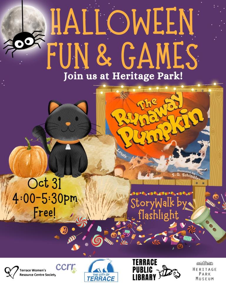an event poster with a black cat, pumpkin, candy, and spider, along with a photo of the book cover for The Runaway Pumpkin