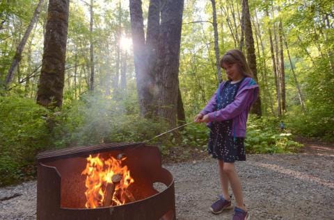 Girl roasting marshmallows over campfire