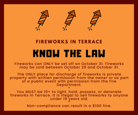 Orange firework graphics and information on the bylaws in place, also written as text on this page