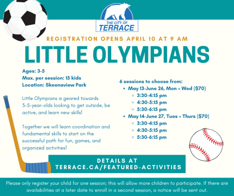 a poster with various sports equipment shown, and details about the Little Olympians program also explained as text below