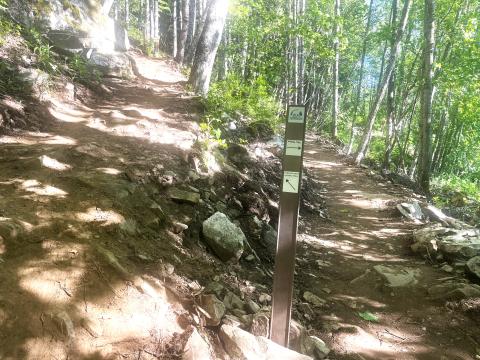 Signage dividing the hiking trail up, and biking trail down